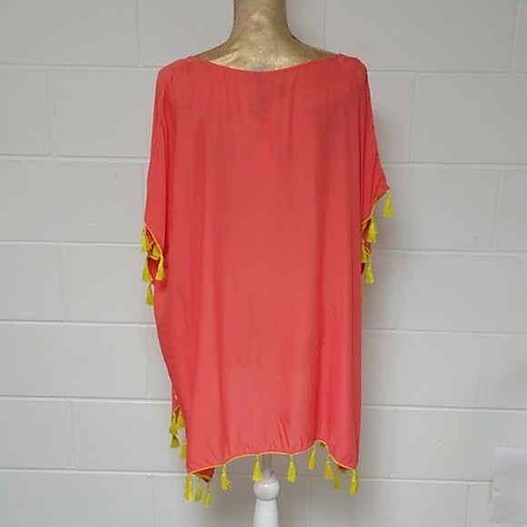 C&T BEACH CORAL WITH YELLOW TASSELS BEACH COVER UP KAFTAN SUMMER WEAR - Picture 2 of 5